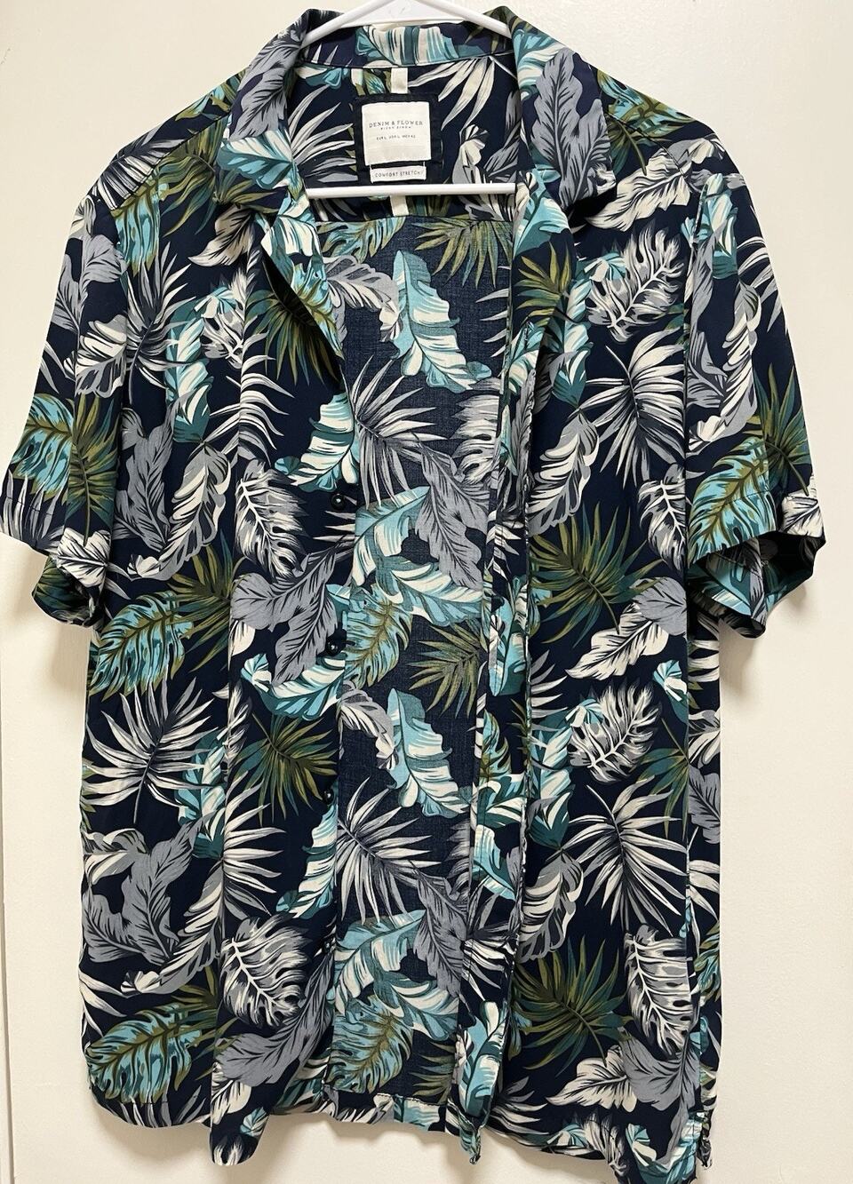 DENIM & FLOWER by Ricky Singh L Blue Men’s Floral Button-Up Short Sleeve Shirt